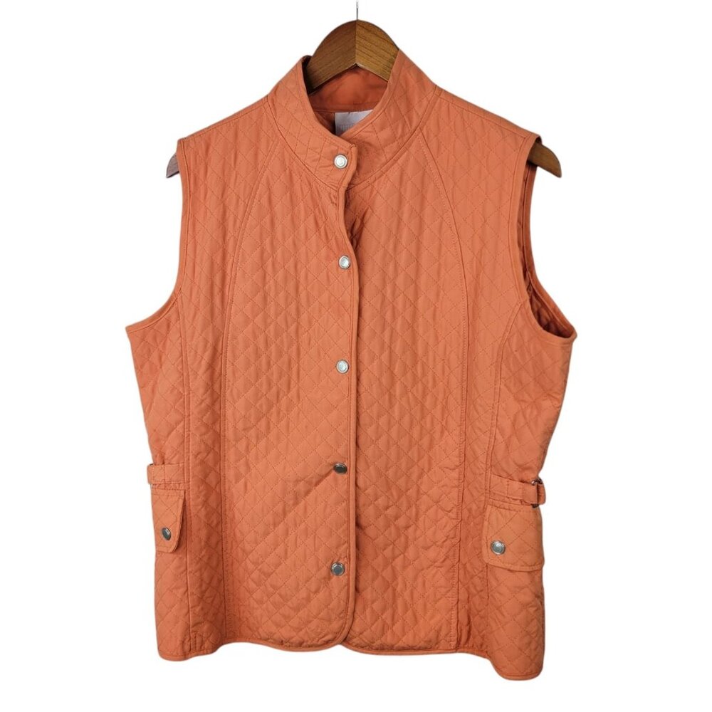 Mifresia Puffer Vest Size Large Pockets Quilted Orange Snap Up Sleeveless Womens